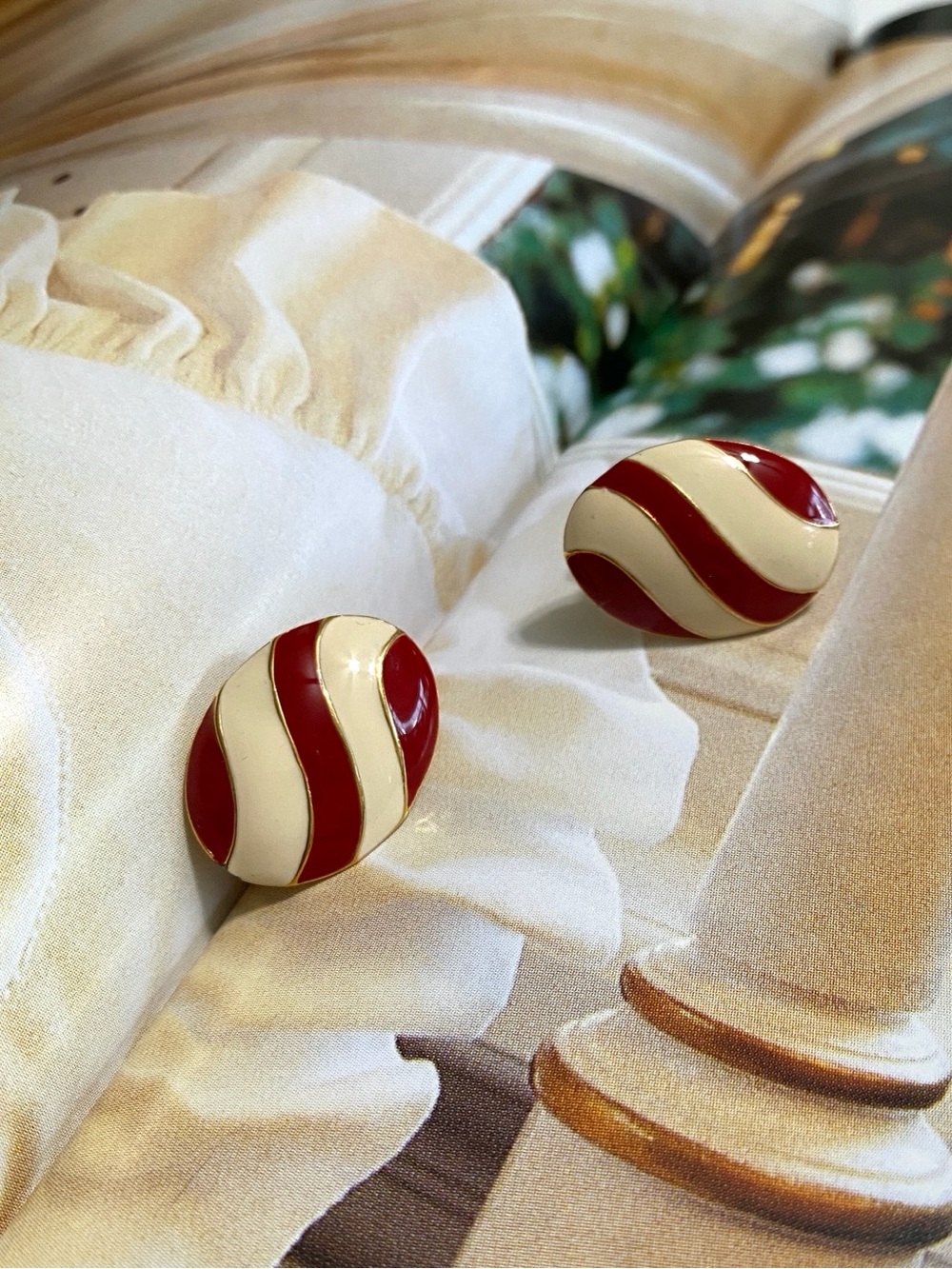 Vintage Napier Red Cream Enamel Gold Stripe Screw Back Earrings Women